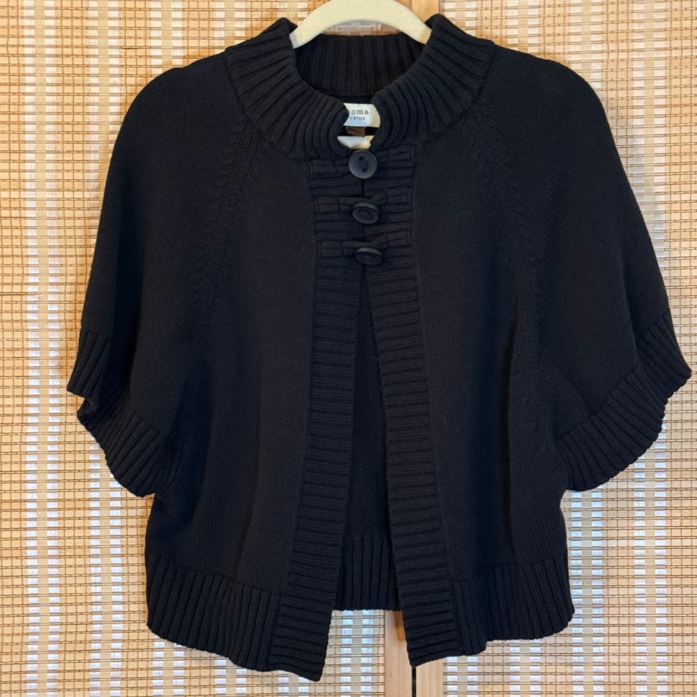 Sonoma Life + Style Womens Black Short Sleeve Button Mock Neck Cardigan L Prep